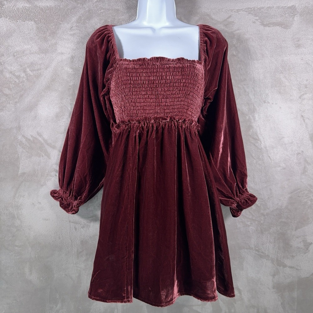 Free People Daphne Velvet Mini Dress Womens XS Red Smocked Empire Babydoll